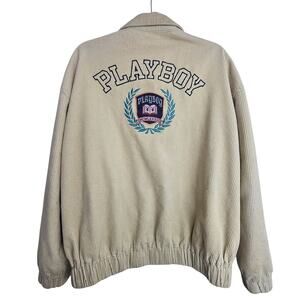 Pacsun Playboy Mens Corduroy Bomber Jacket Size M/L FUll Zip Varsity Embroidered
